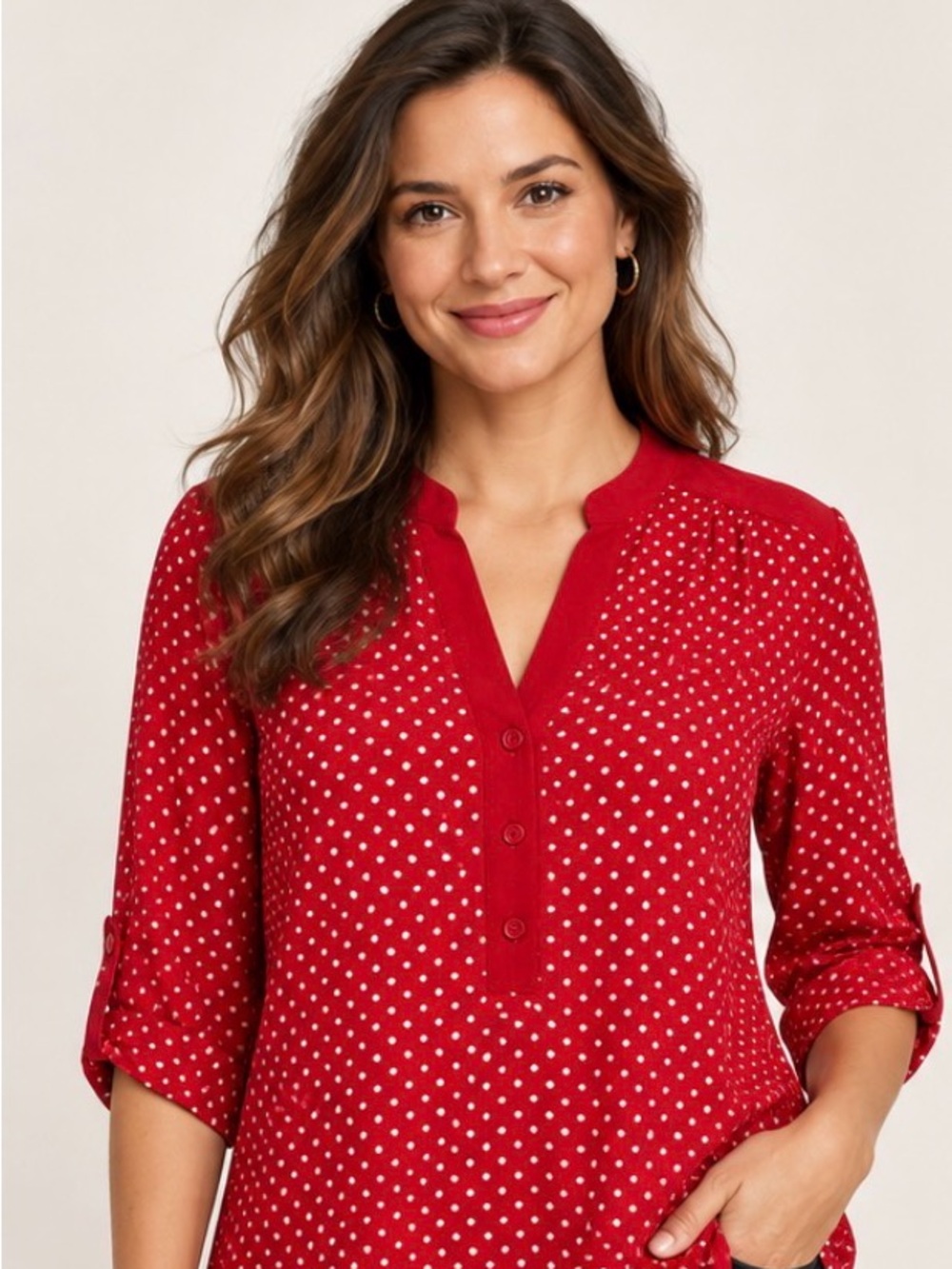 Red Polka Dot Women’s Blouse - Versatile Tunic Top size L